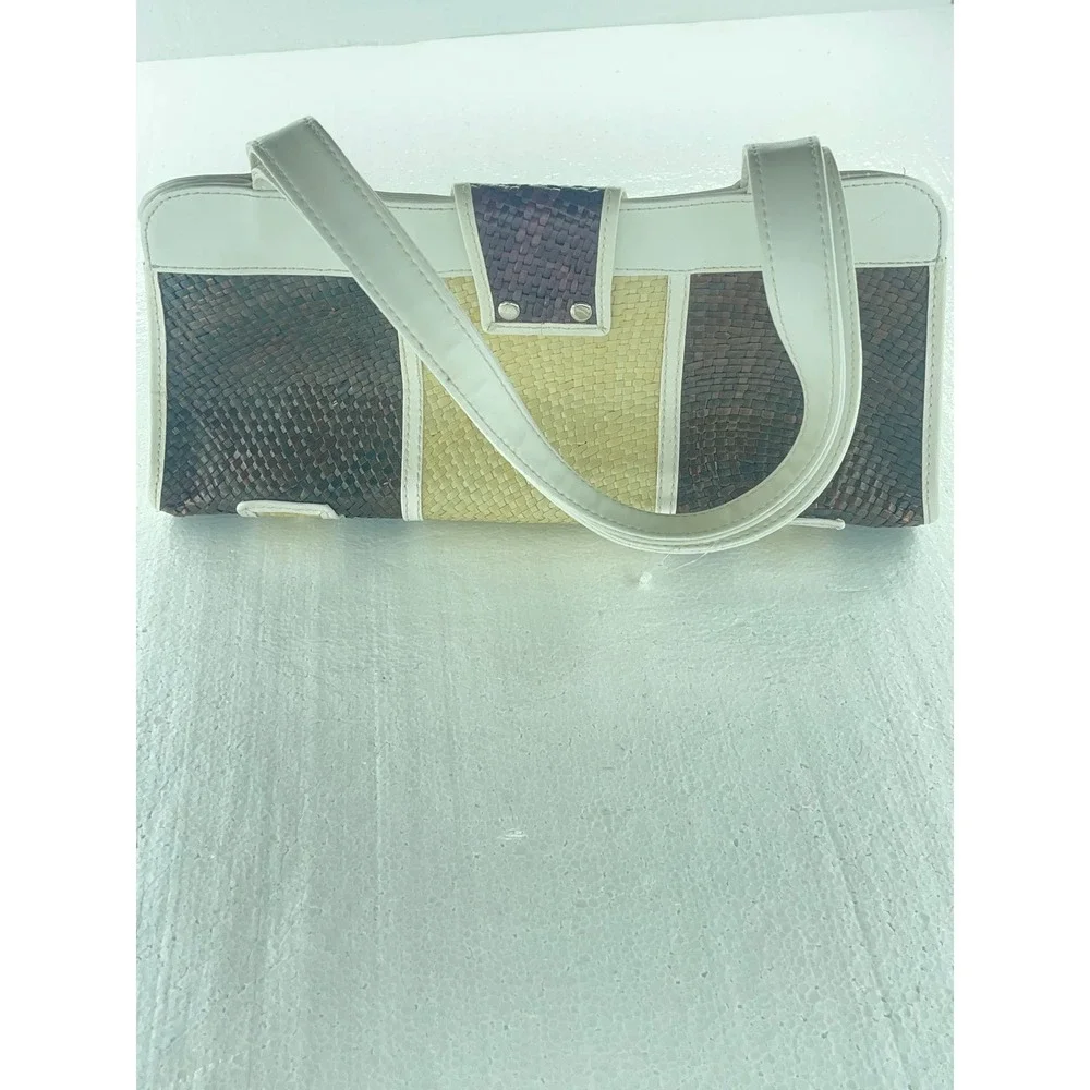 Woven Straw Satchel Bag Top Handle Purse Neutral‎ Colorblock Small